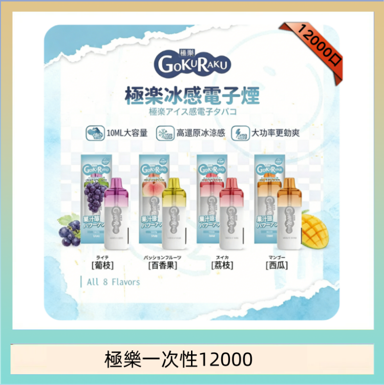 【8種口味】極楽 12000口一次性電子煙|超大容量 |口感絲滑|新品